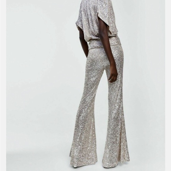 ZARA silver sequin flare pants size small - Picture 2 of 10